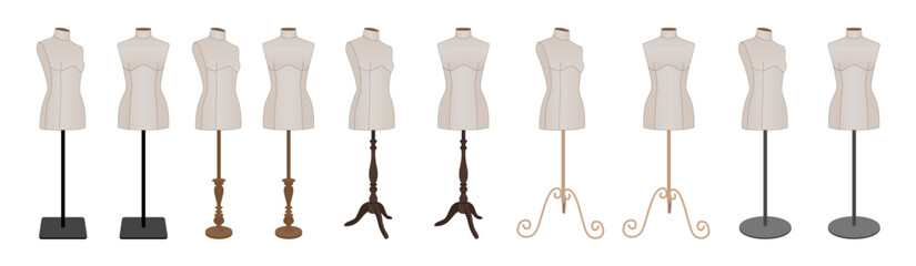 Collection of female tailor dress forms with different vintage and modern stands. Vector illustration of sewing mannequins for fashion design and garment making.