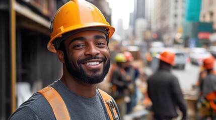 Smiling construction worker on busy city site during daylight hours