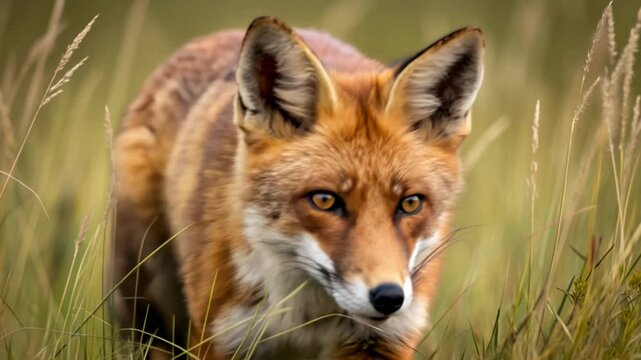 Closeup vixen staring in grass field with bright golden afternoon light