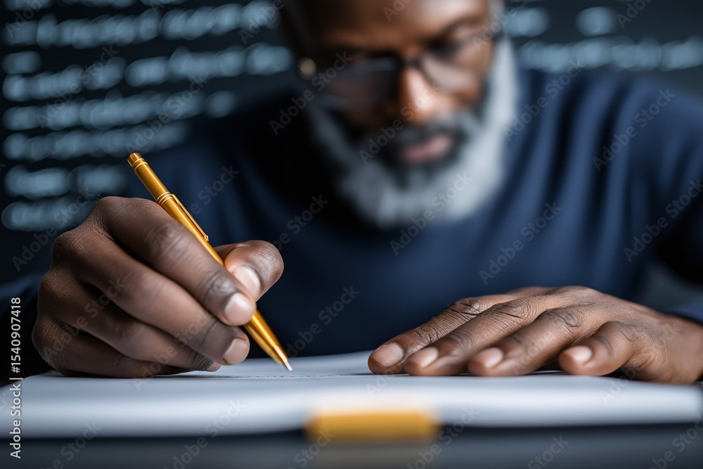 Poster man with glasses writing notes on paper in a classroom setting during daytime