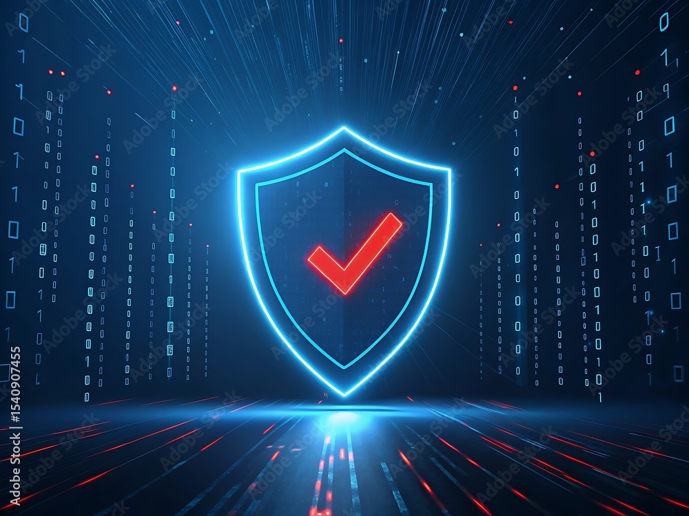 Poster cyber security shield with check mark for data protection and network security concept illustration