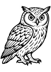 Detailed black and white owl vector on white background. Perfect for engraving, prints, logos, coloring pages, and creative bird projects