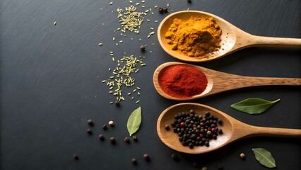 Spices turmeric paprika pepper on wooden spoons food