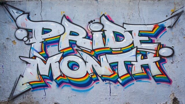 Colorful graffiti art displaying the text 'Pride Month' with rainbow colors on a concrete wall. The design is vibrant and celebratory, symbolizing LGBTQ+ pride. - Powered by Adobe