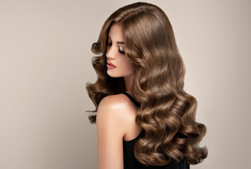 Brunette girl with long and shiny wavy hair . Beautiful model woman with curly hairstyle . Beauty and cosmetology