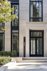 Modern architectural design of a sleek and elegant house entrance with large windows and carefully landscaped surroundings in mid-afternoon sunlight