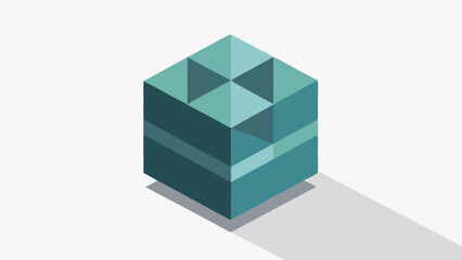 Isometric cube with geometric patterns and shadows in shades of teal on white