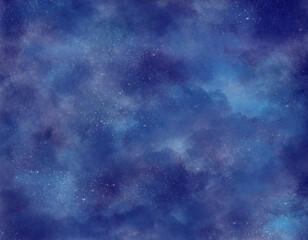 Abstract horizontal watercolor blue and violet space background night sky with stars. Hand drawn digital watercolor. Neutral light colored empty space background illustration