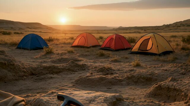 Colorful camping tents stand on the desert's arid ground as the sun rises, casting a warm glow on a team of paleontologists meticulously working on excavating fossils with various tools