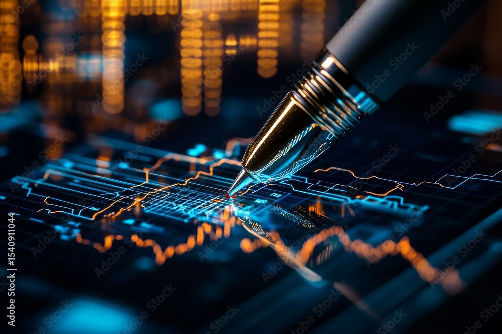 Aufkleber digital analysis of financial data with a pen on a touchscreen display at night