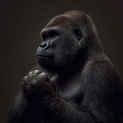 Obraz premium a gorilla patting its chest in dominance gesture isolated on dark neutral background