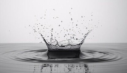 Water splash droplet on surface creating ripples and crown shape in monochrome