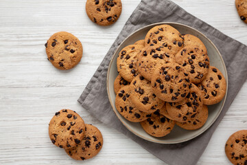 Homemade Chocolate Chip Cookies on a Plate, top view.
