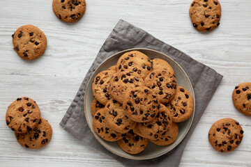 Homemade Chocolate Chip Cookies on a Plate, top view.