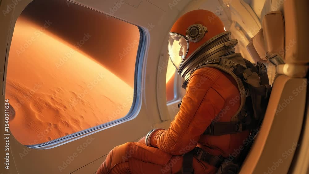 Poster astronaut in orange spacesuit seated inside spacecraft, viewing cratered martian surface through win