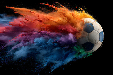 Vibrant rainbow paint splash exploding behind a soccer ball; dynamic sports graphic.