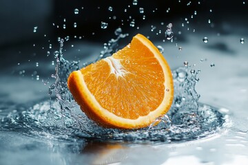 Splashes of Water Surround a Fresh Orange Slice in Vibrant Outdoor Setting.