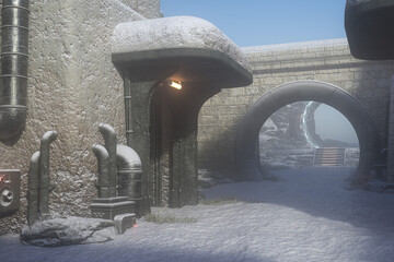 Entrance doorway of a futuristic concrete building with an arch leading to a science fiction fantasy circular portal. 3D rendered illustration..