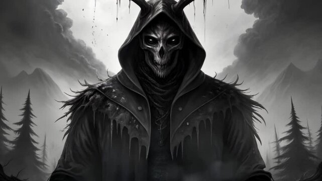 Black cloaked wendigo with sharp mask and dark feathers under storm sky