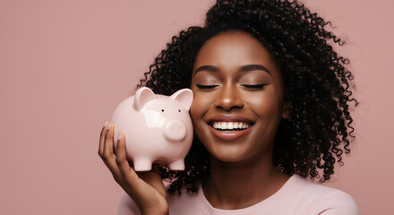 Saving Goals: Joyful Black woman in her 20s holding a piggy bank, representing financial planning and future security.
