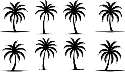 Eight isolated black palm tree silhouettes on a white background for tropical designs