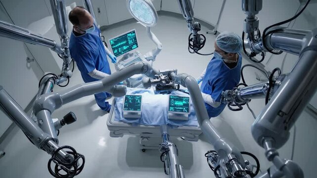 Advanced robotic arms perform a complex surgical procedure on a patient while two surgeons closely monitor the operation, ensuring precision and efficiency in a state-of-the-art operating room