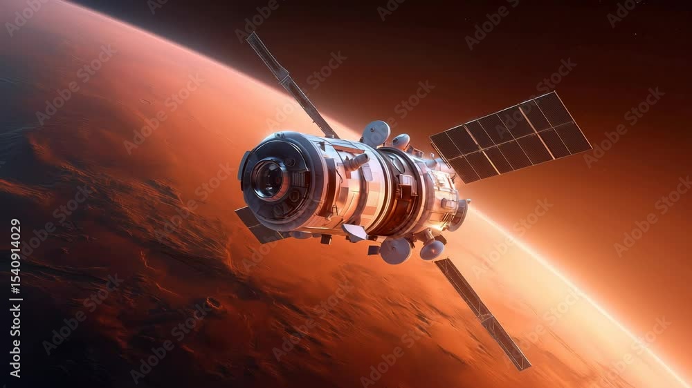 Poster cutting-edge robotic spacecraft orbiting mars, capturing high-resolution surface imagery with extend