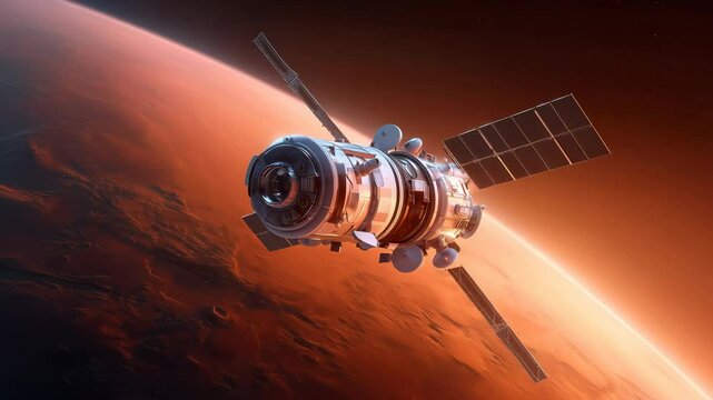 Cutting-edge robotic spacecraft orbiting Mars, capturing high-resolution surface imagery with extended solar panels against dramatic rocky terrain and atmospheric horizon.