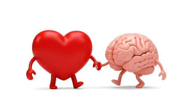 Cartoon brain and heart walking hand in hand &ndash; harmony between thinking and feeling