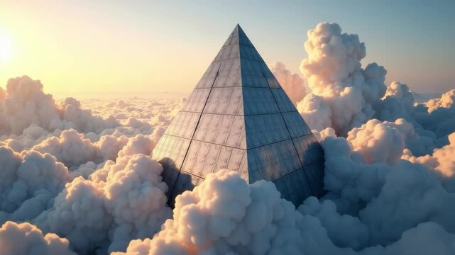 A metallic pyramid structure emerges from thick fluffy clouds at sunrise, in a surreal dreamlike scene with soft pastel lighting and calm tones - Powered by Adobe