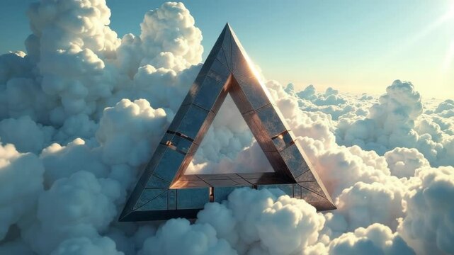 Surreal impossible triangle structure suspended above soft fluffy clouds, realistic graphic style, with bright sky background, concept of illusion