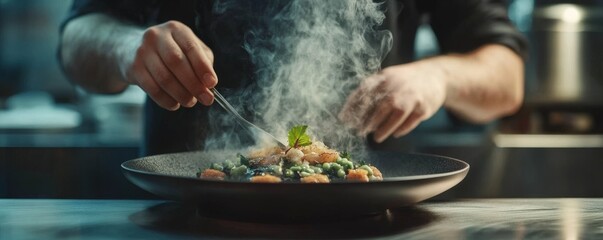 Chef Plating Steaming Gnocchi Dish Close-up Composition, Dark Moody Tones, Culinary Art, Food Photography, restaurant food Culinary, Gastronomy