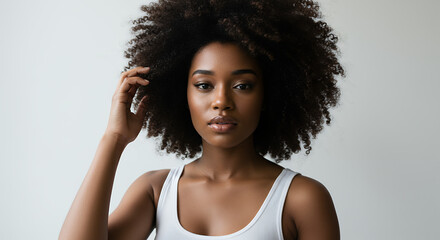 Portrait of a beautiful Black woman in her 20s with an afro, looking confidently at the camera while touching her hair.