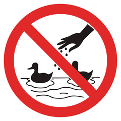 No feeding ducks sign with hand scattering food over water in red circle on white background