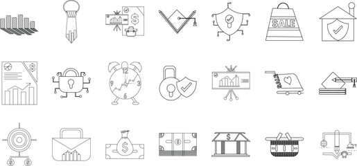 corporate business icons set. includes icons for finance, strategy, security, time, marketing, shopping, and data analysis. vector illustrations. pixel perfect