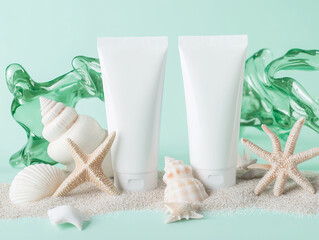 White cream tube on mint blue background, seashells, starfish, sea sand, clean design photo.