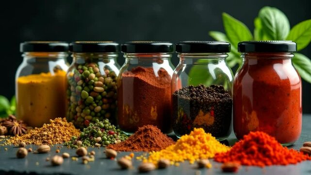 Variety of colorful spices in glass jars with scattered spice piles on dark stone surface, natural style, dark background, flavor and aroma concept