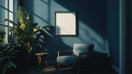 A corner room with a teal wall, plants, a chair, and a blank frame.