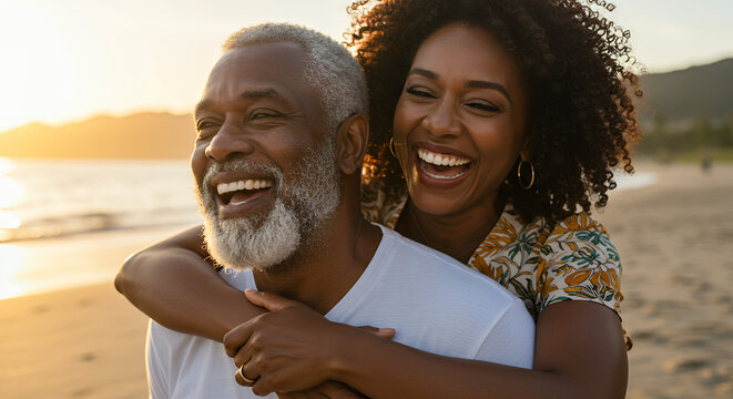 Joyful couple embracing on the beach, an African American woman in her 30s hugging a mature African American man in his 60s at sunset