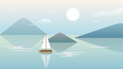 Sailboat on Lake Landscape Background Simple Vector Illustration