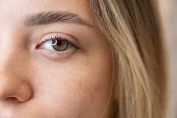 Close-up of a woman's eye after eyelash lamination procedure. 