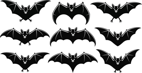 Big Brown Bat Halloween Silhouette Set – 10 Clean Flying Poses, Vampire Bat Silhouette Pack – Spooky Clean Vector Halloween Clipart, Long-eared Bat Halloween Silhouettes – Minimalist Vector Set