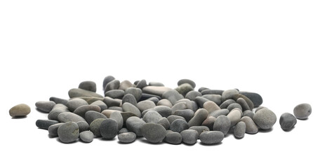 Decorative sea ​​pebbles pile isolated on white background, side view