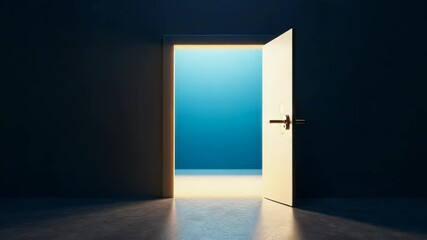 Dimly lit room with a glowing open door showing a key symbol and warm light, minimal style, dark background, symbolizing opportunity
