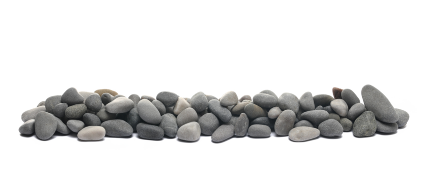 Decorative sea ​​pebbles line isolated on white background, side view