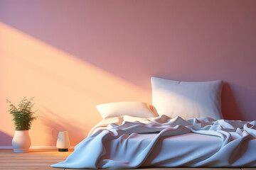Minimalist peach fuzz bedroom interior design with natural daylight illumination