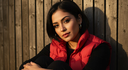 Portrait of serene South Asian woman in her twenties wearing a red vest and gold hoop earrings, outdoors.