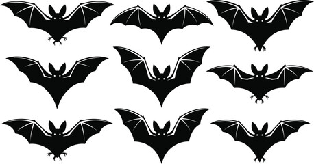 Big Brown Bat Halloween Silhouette Set – 10 Clean Flying Poses, Vampire Bat Silhouette Pack – Spooky Clean Vector Halloween Clipart, Long-eared Bat Halloween Silhouettes – Minimalist Vector Set