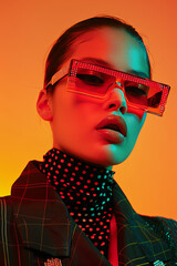 Woman in red sunglasses with polka dot outfit in futuristic glamour