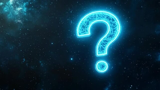 Bright neon question mark with abstract circuitry pattern glowing in deep space, symbolizing mystery, future, and cosmic curiosity